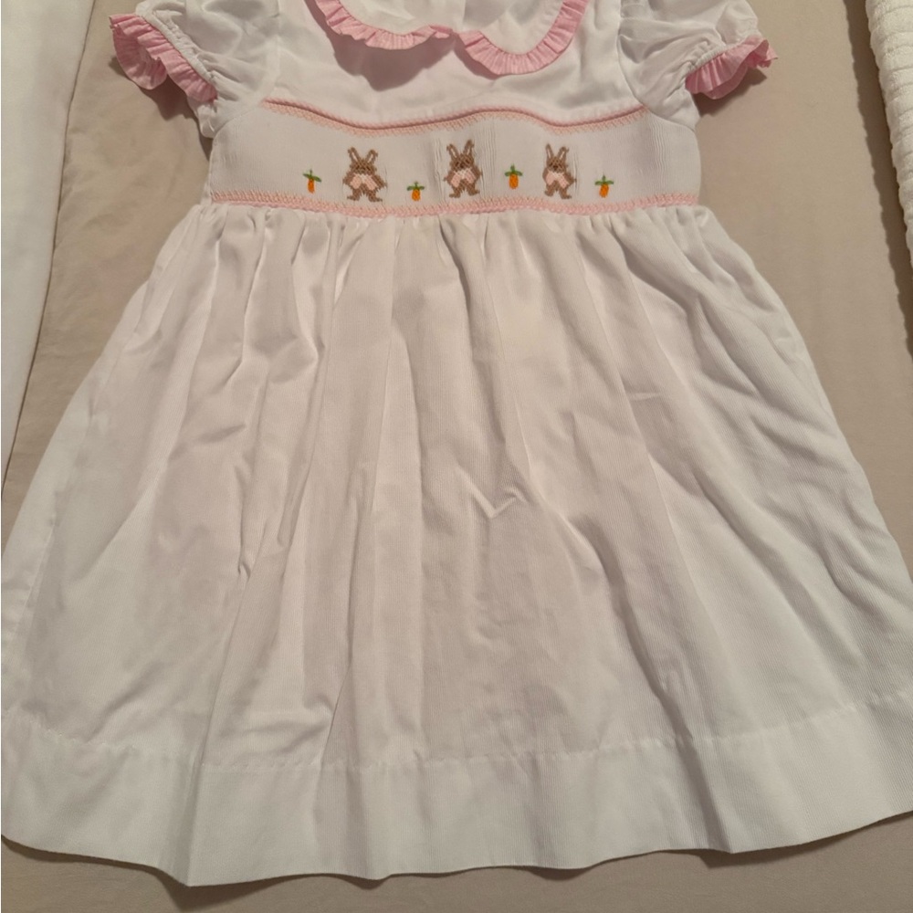 White Dress with Pink Accents and Bunny Embroidery